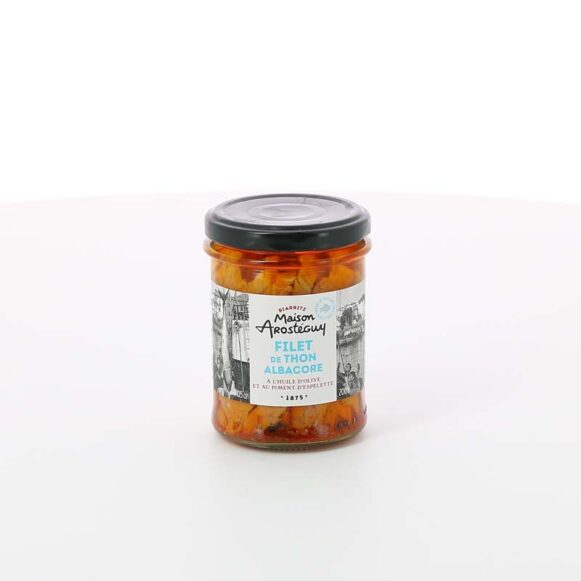 FILET DE THON ALBACORE HUILE D'OLIVE ET PIMENT ESPELETTE 200 GR AROSTEGUY