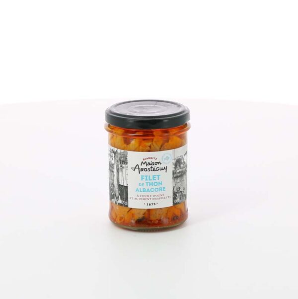 FILET DE THON ALBACORE HUILE D'OLIVE ET PIMENT ESPELETTE 200 GR AROSTEGUY