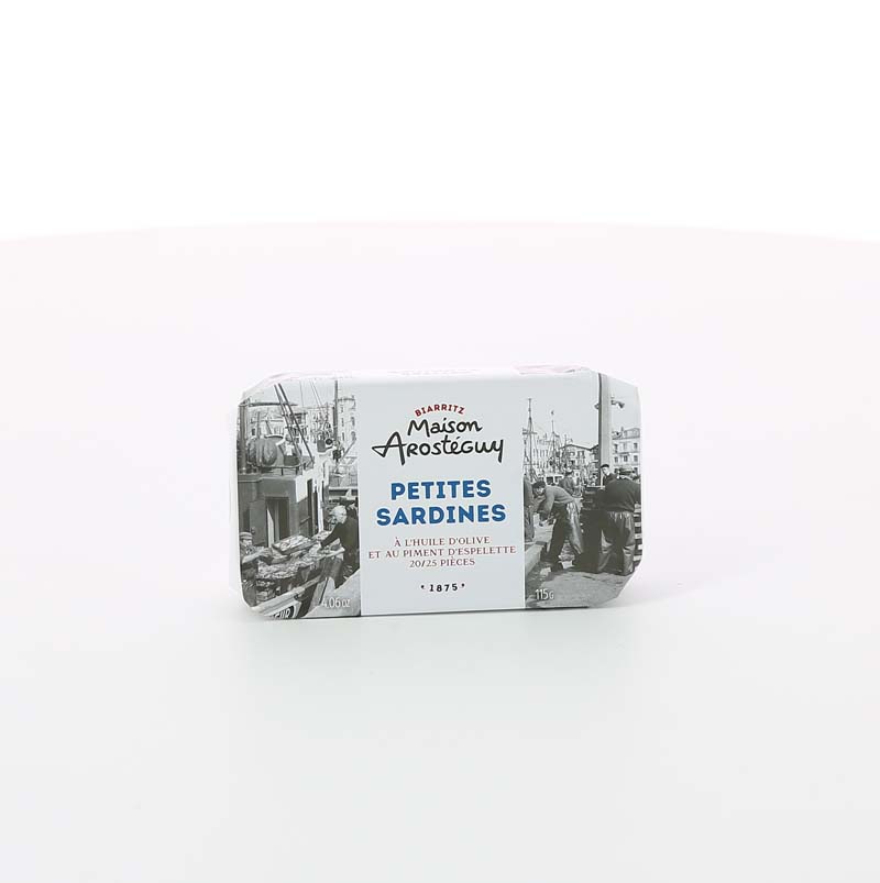 PETITES SARDINES A L'HUILE ET AU PIMENT D'ESPELETTE 115 GR AROSTEGUY